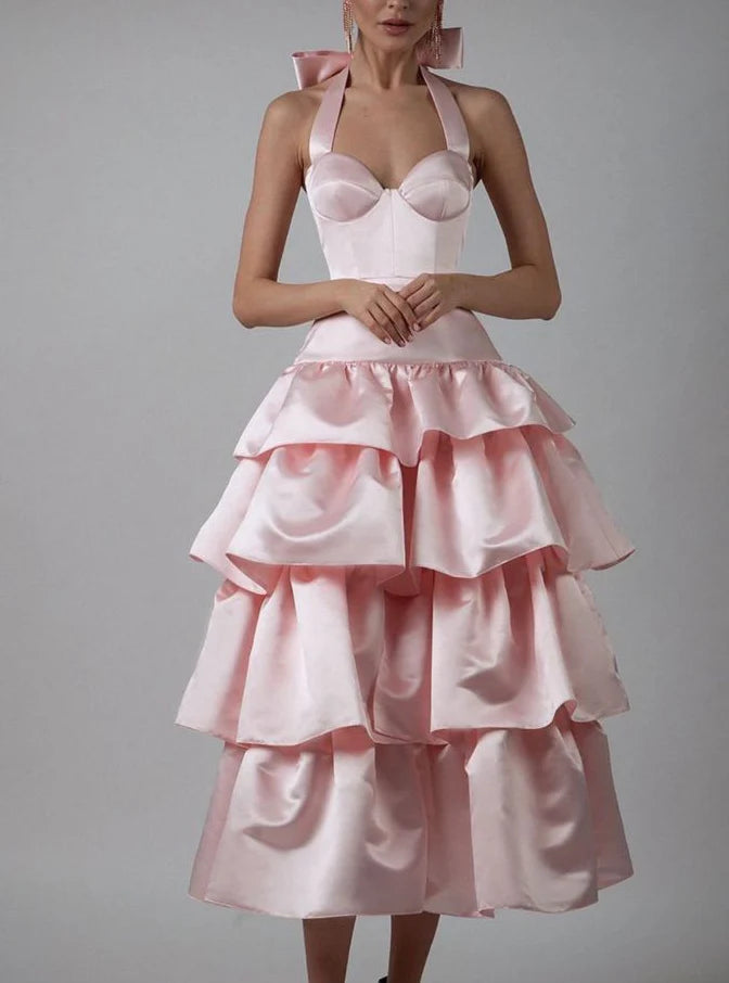 Full length view of a model showcasing the pink formal satin dress.
