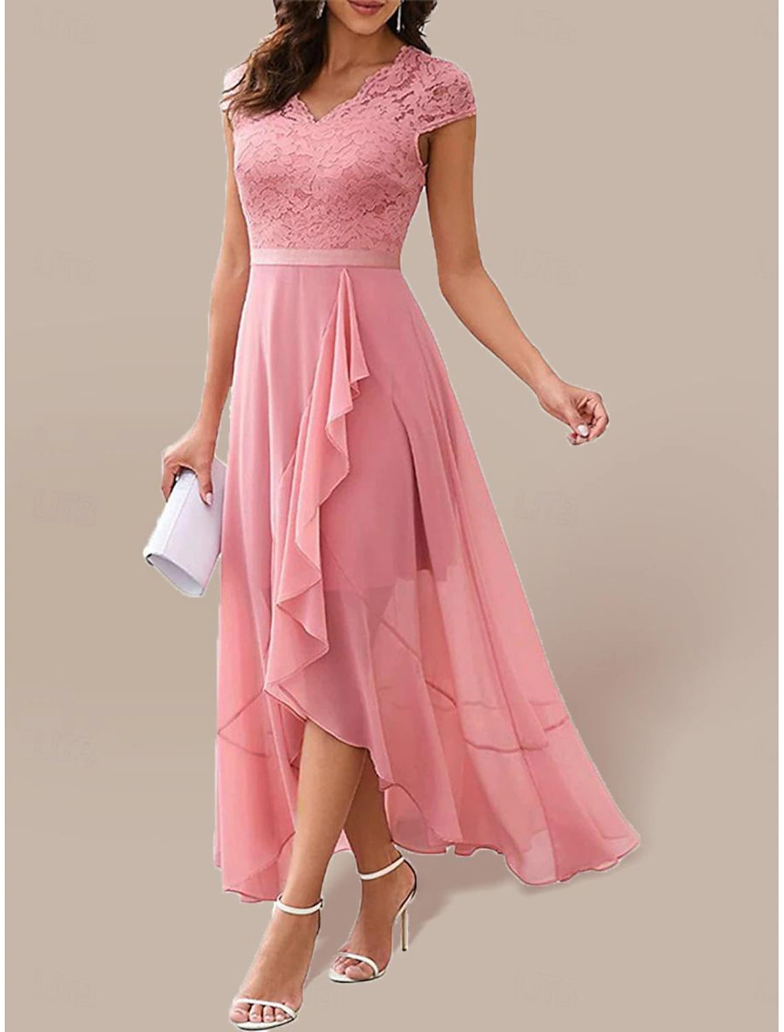 Woman wearing an elegant V-neck lace maxi dress, suitable for formal events.