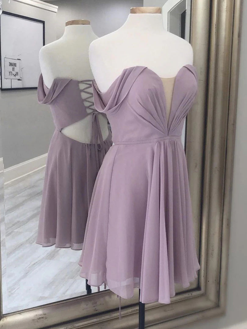 Light blue A-line sleeveless chiffon short dress for prom or bridesmaids.
