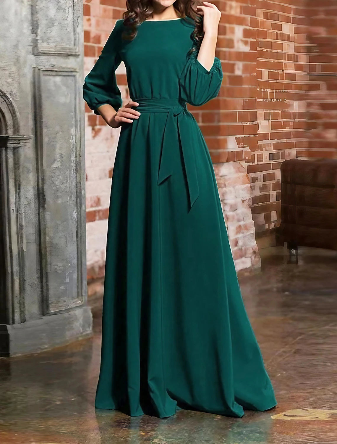 Woman wearing an elegant long sleeve ruched lace-up formal party dress.