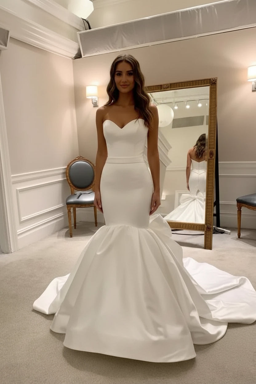 Elegant white mermaid wedding dress with sweetheart neckline, strapless design, and a large bow back with a flowing train.