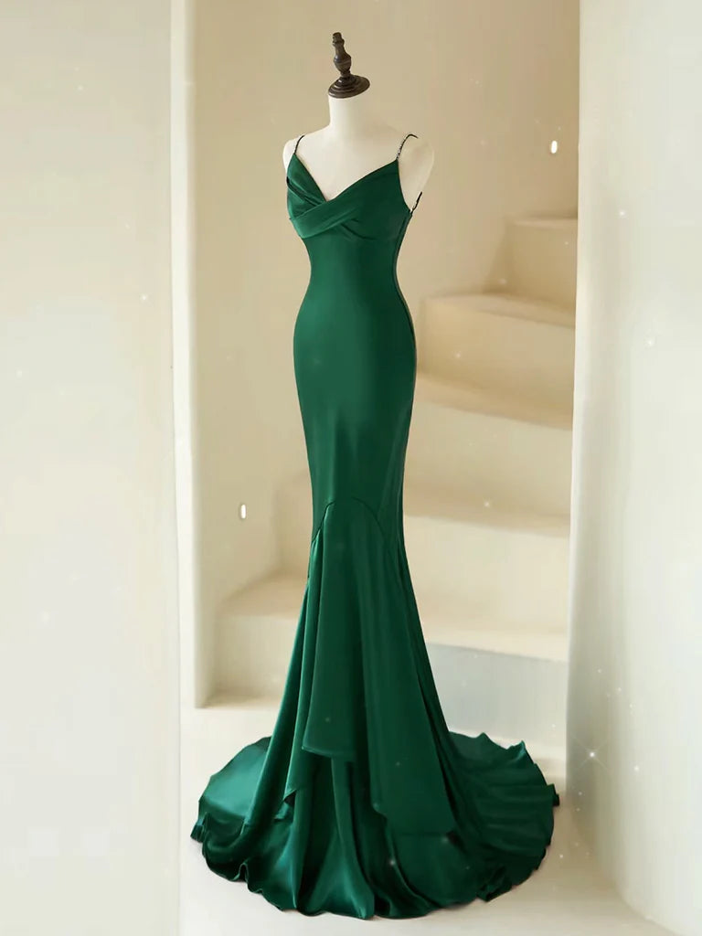 Model wearing an elegant green mermaid V-neck satin long prom dress, full length.