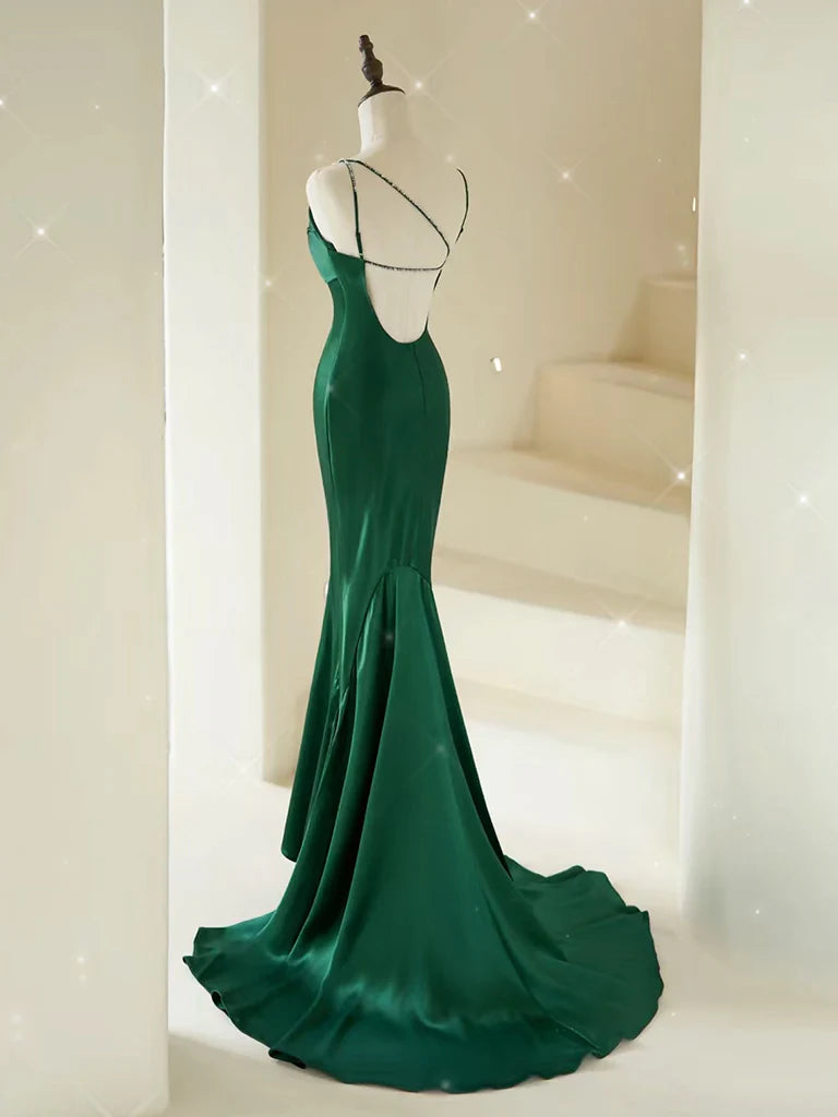 Elegant green satin mermaid formal dress with V-neckline, front view.