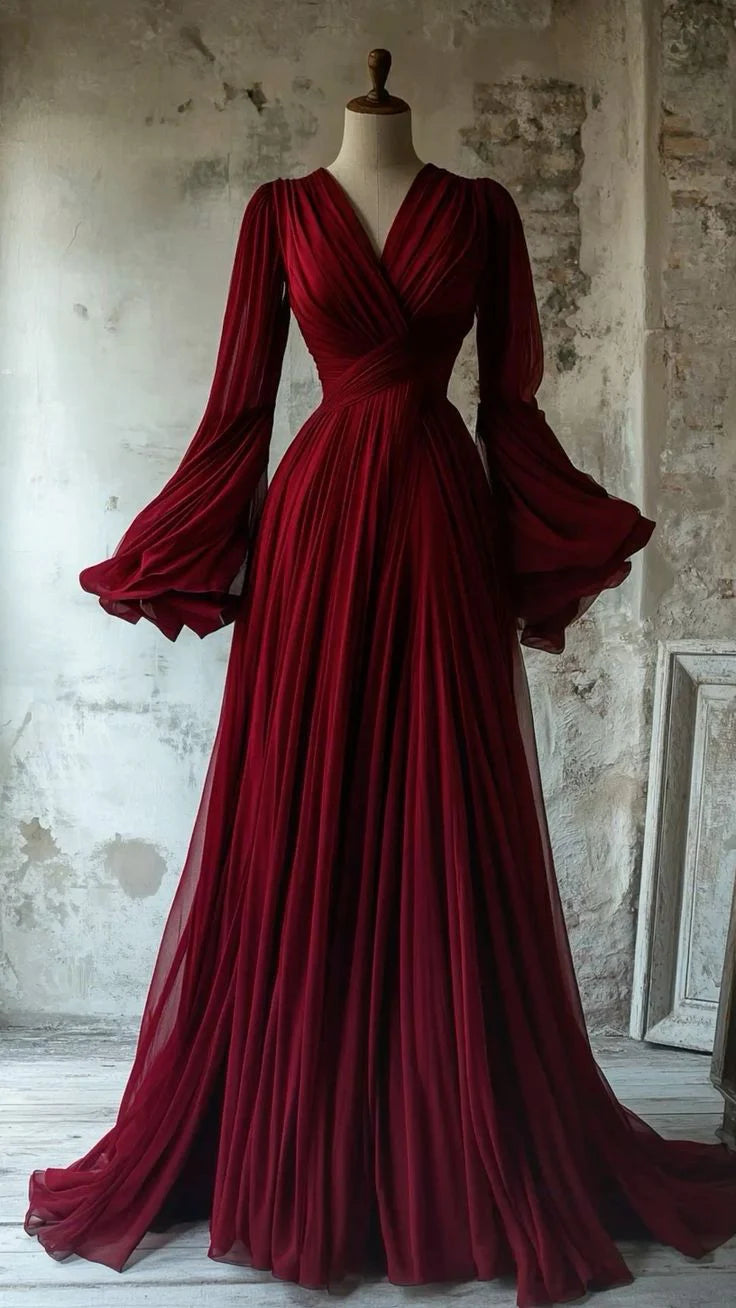 Woman wearing a modest V-neck A-line burgundy chiffon long evening dress.