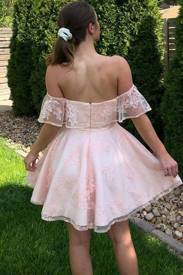 Model wearing an elegant off-shoulder pink lace short party dress, back view.