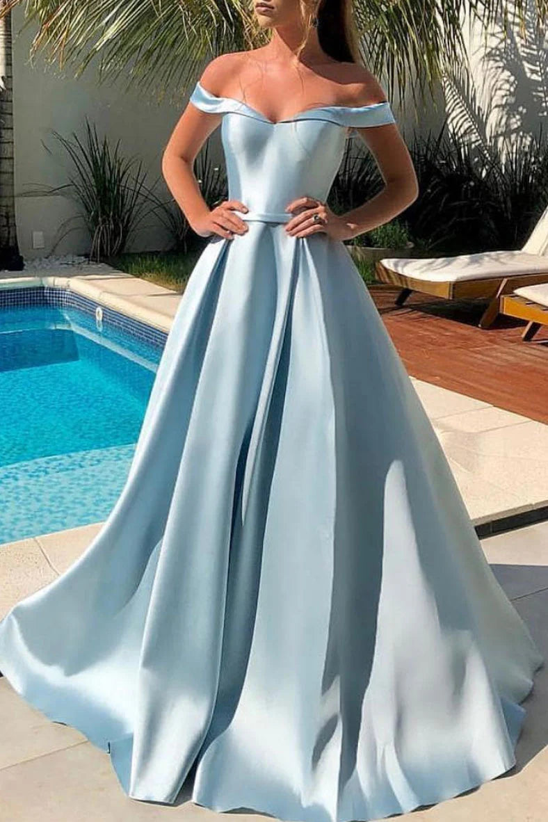 Elegant blue off-shoulder satin long prom dress.