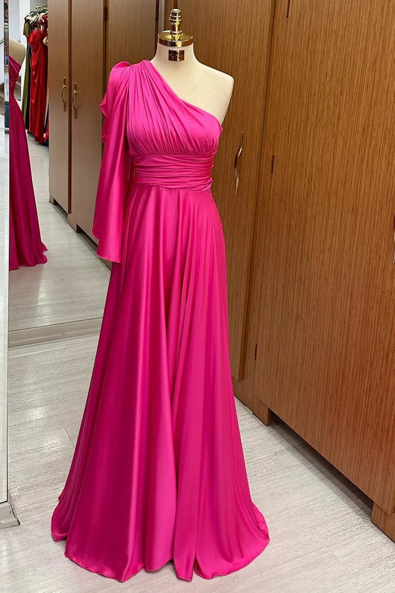Detail of the one-shoulder neckline and flared sleeve on the champagne formal dress.