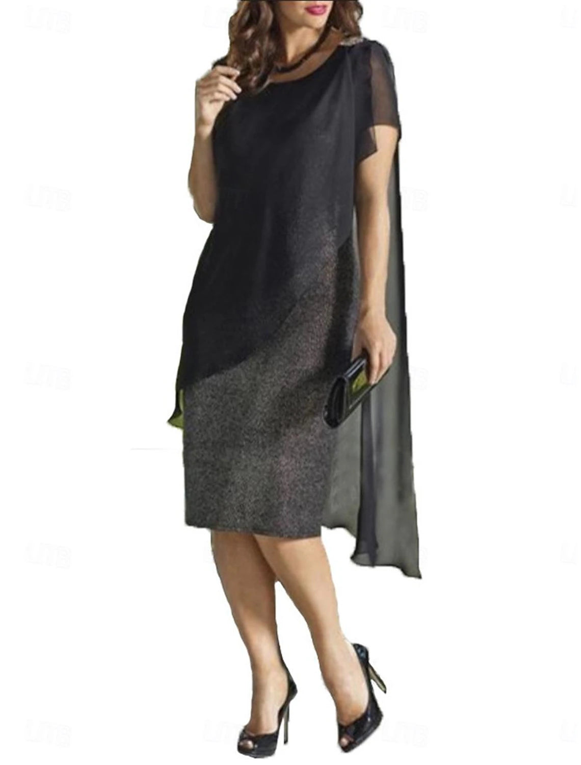 Side view of a woman in a flowy patchwork chiffon midi dress.