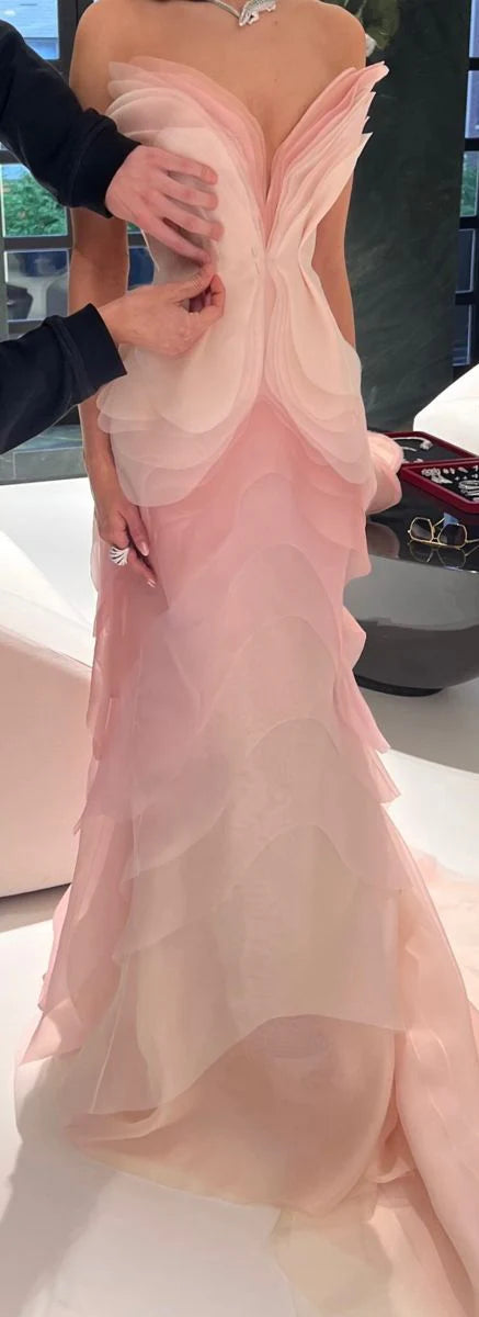 Elegant pink mermaid long prom dress.