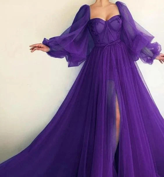 Elegant puff sleeve A-line gown with a side slit.
