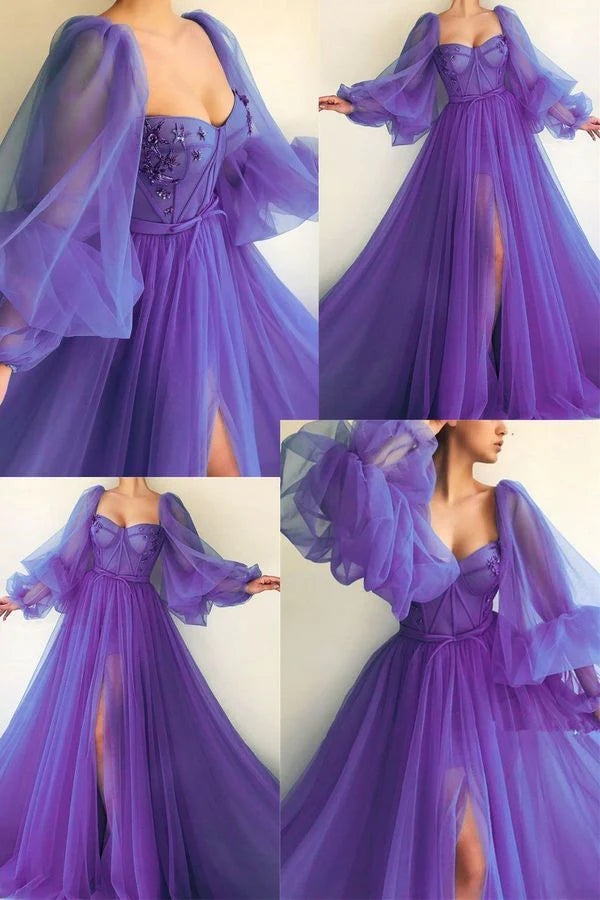 Woman wearing a dark puff sleeve A-line evening gown with a side slit.