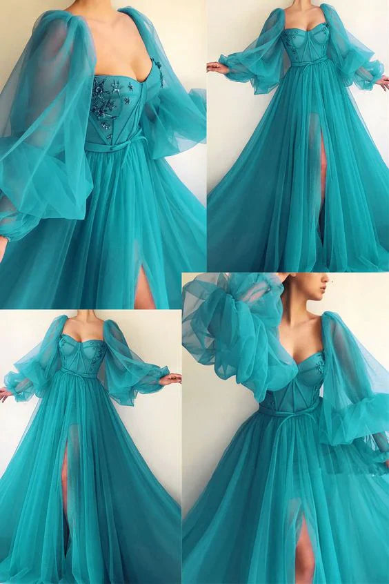 Full-length view of a woman in a light puff sleeve A-line formal dress.