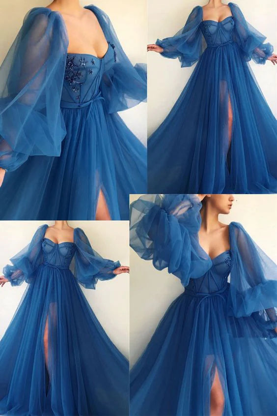 Side slit detail on a dark A-line evening gown.
