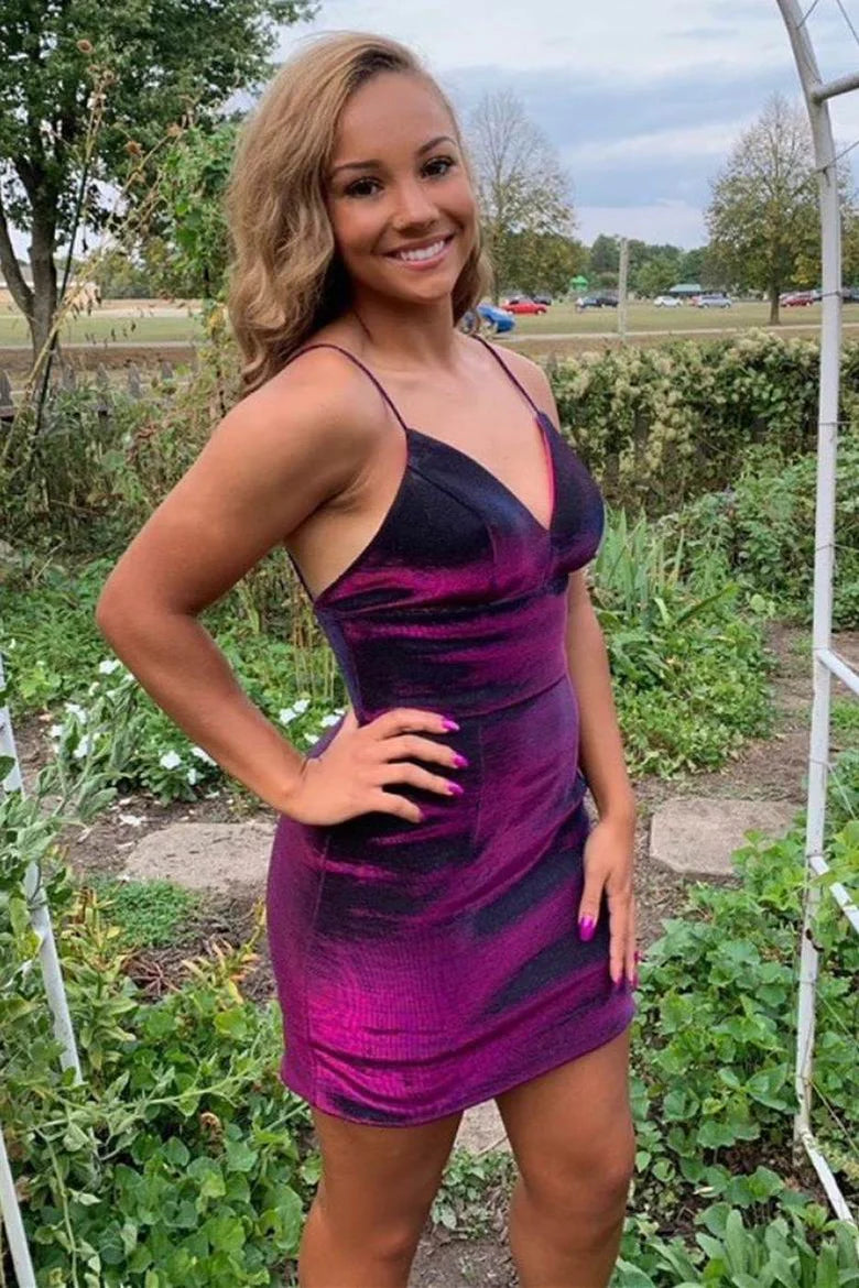 Elegant purple bodycon homecoming dress with spaghetti straps and low back.