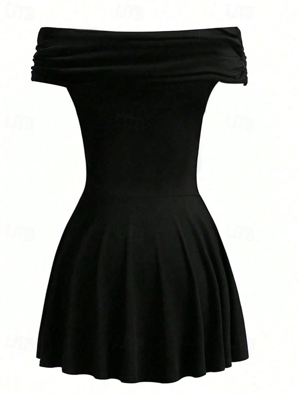 Woman showing the back of a black off-shoulder mini dress.