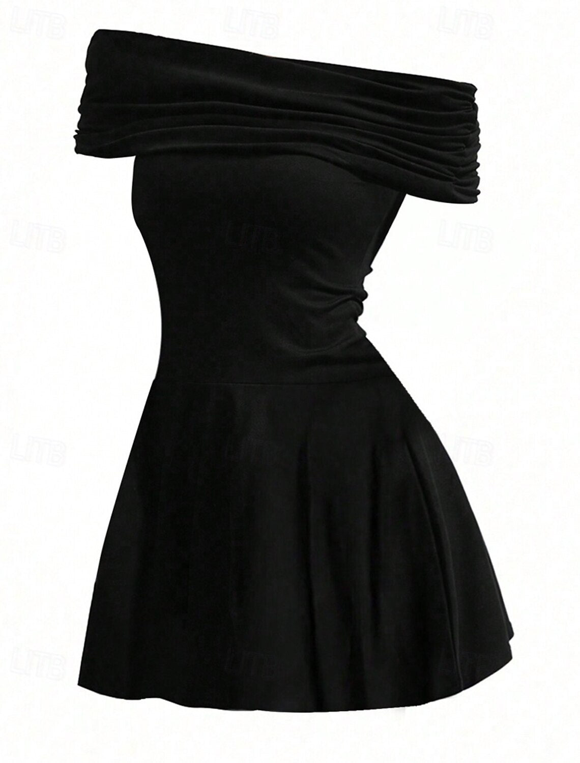 Woman walking in a black off-shoulder mini dress.