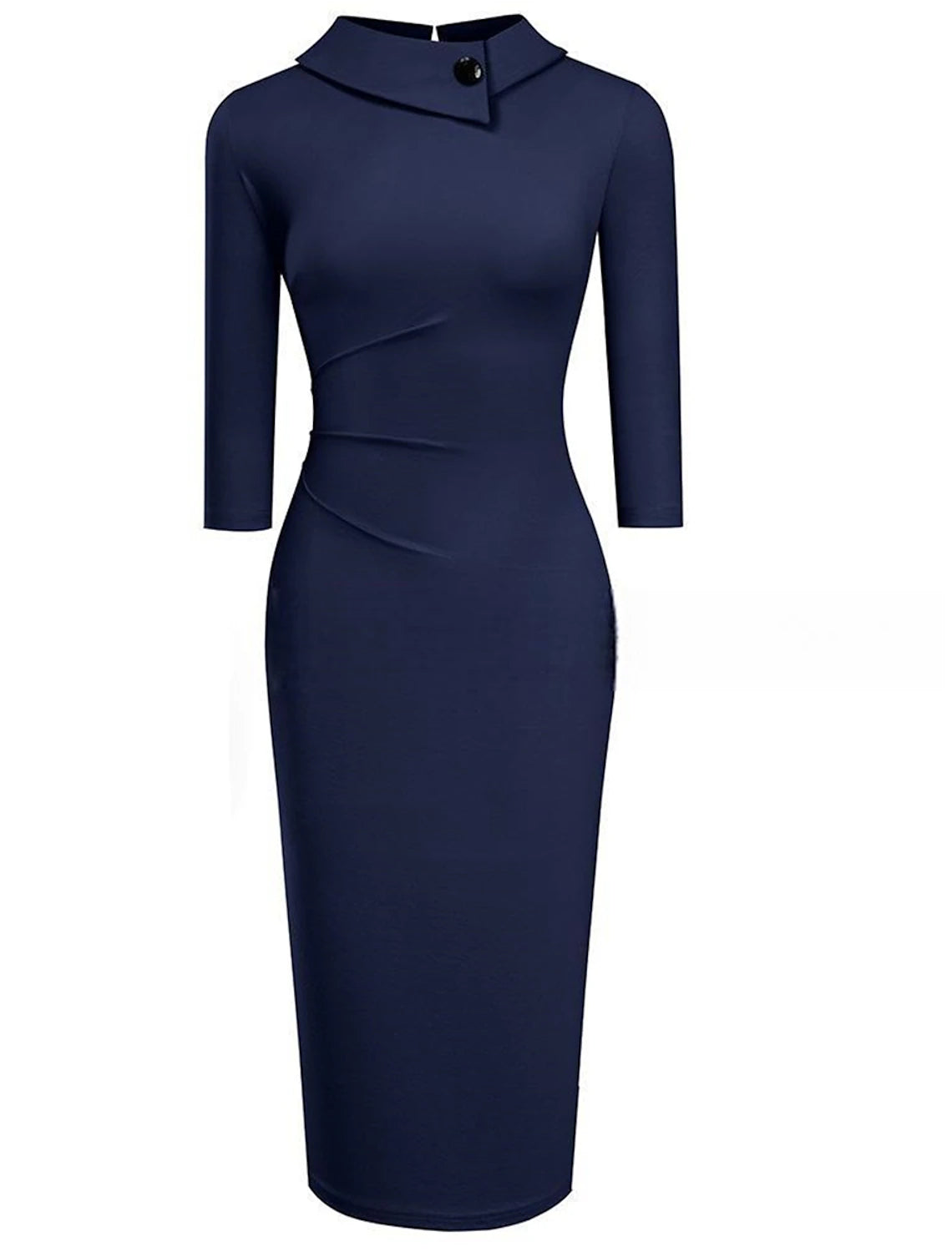 Back view of a woman in a black ruched bodycon midi dress, showing the ruched texture.