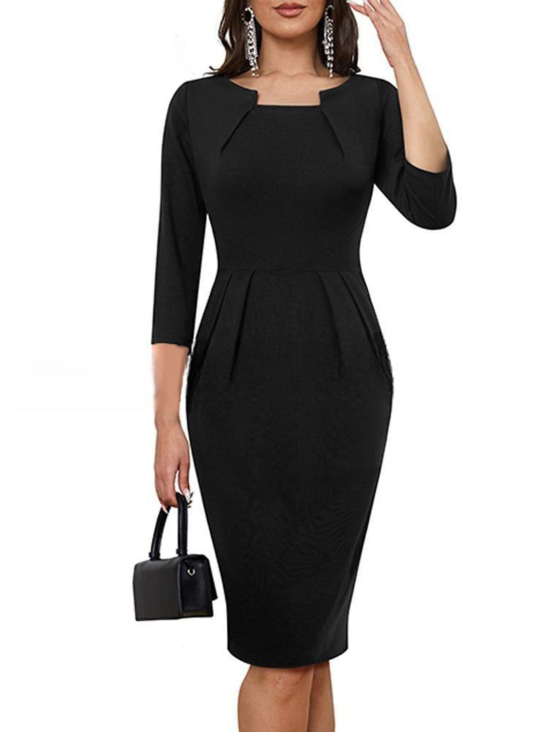 Model wearing an elegant ruched cotton midi dress with 3/4 sleeves and a crew neck.