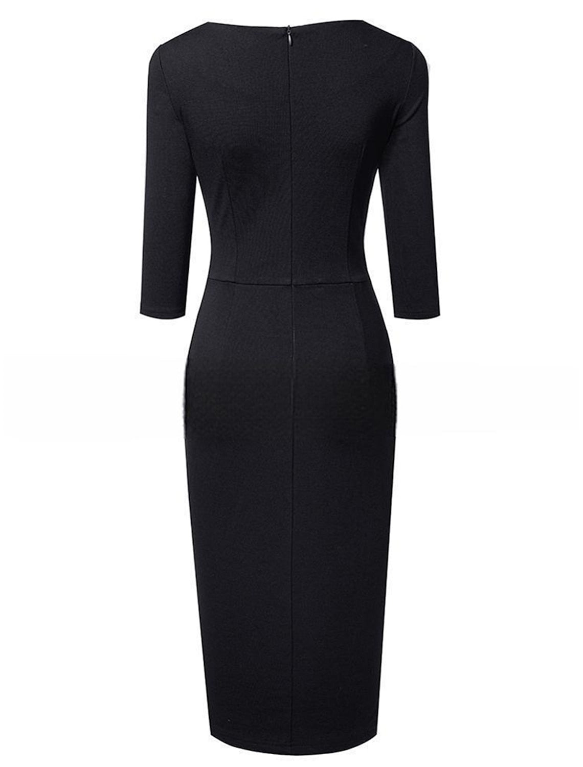 Close-up of the ruched detail and crew neck on the cotton midi dress.