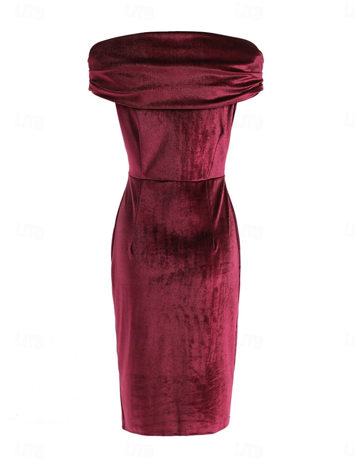 Full view of a woman wearing a wine red ruched midi dress.