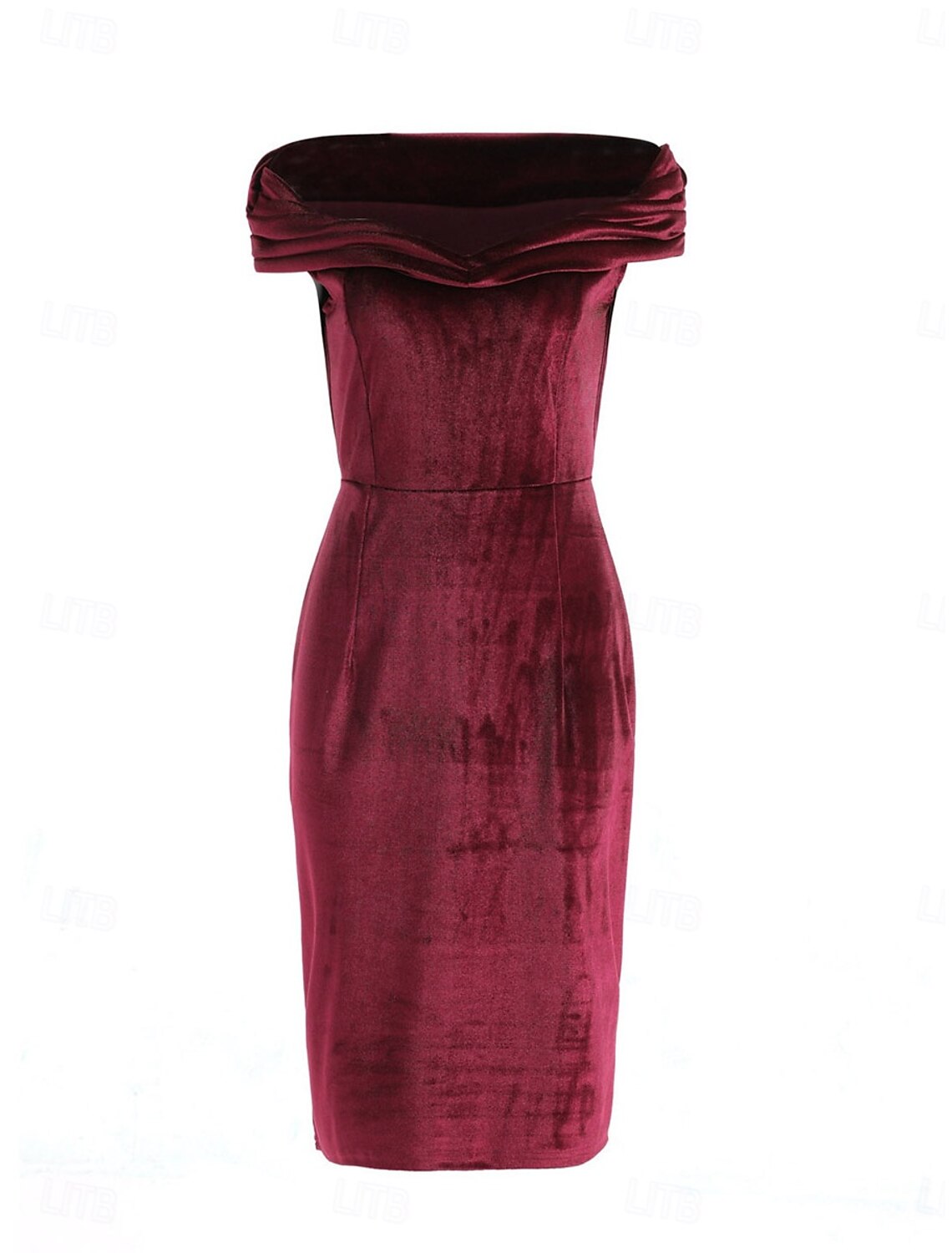 Back view of a woman in a wine red off-shoulder midi dress.