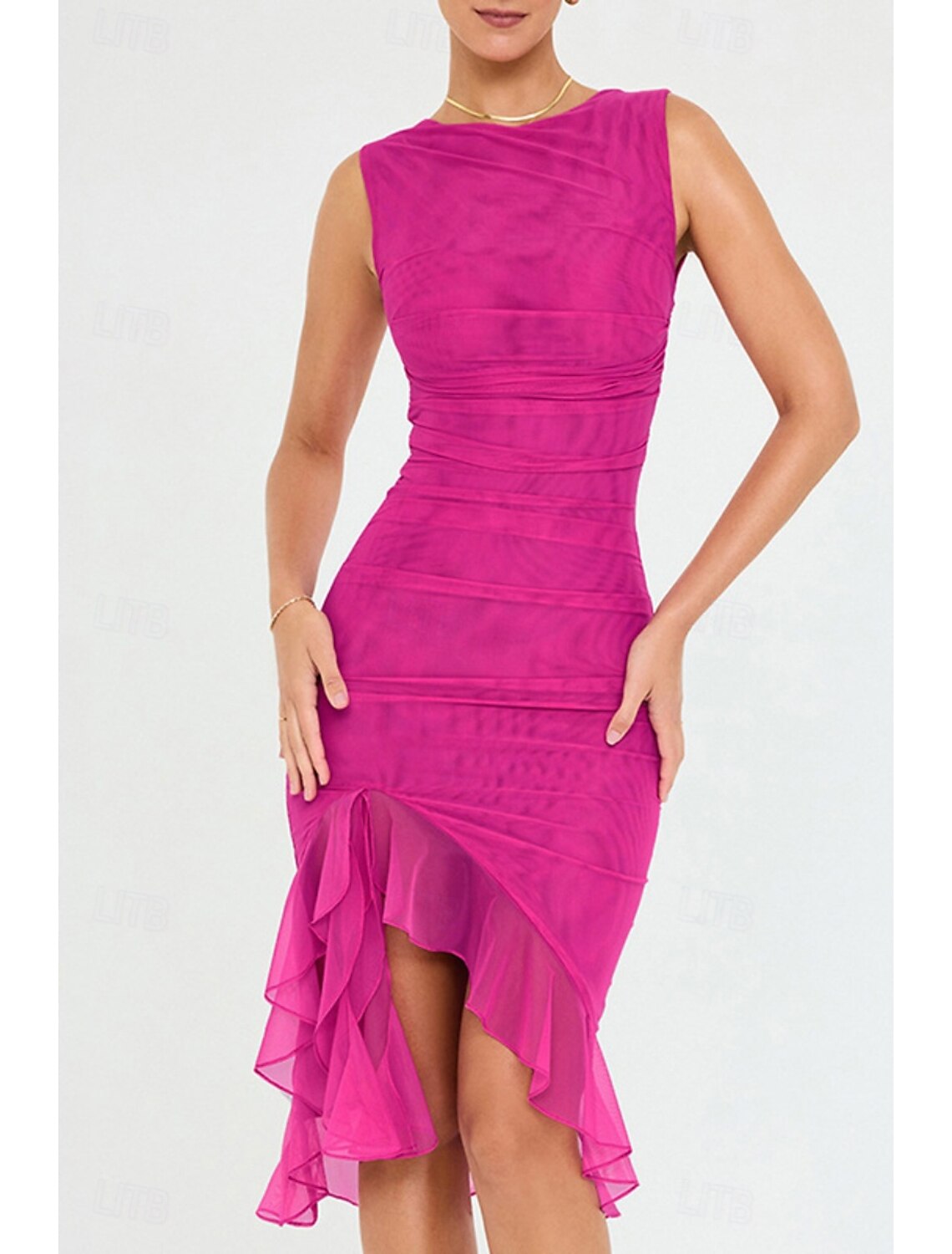 Model wearing an elegant ruched sheath midi dress with a crew neck.