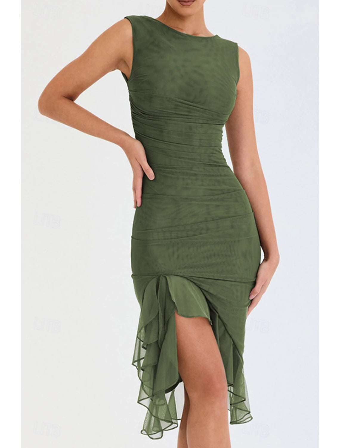 Close-up of the delicate ruched detail on the sheath midi dress.