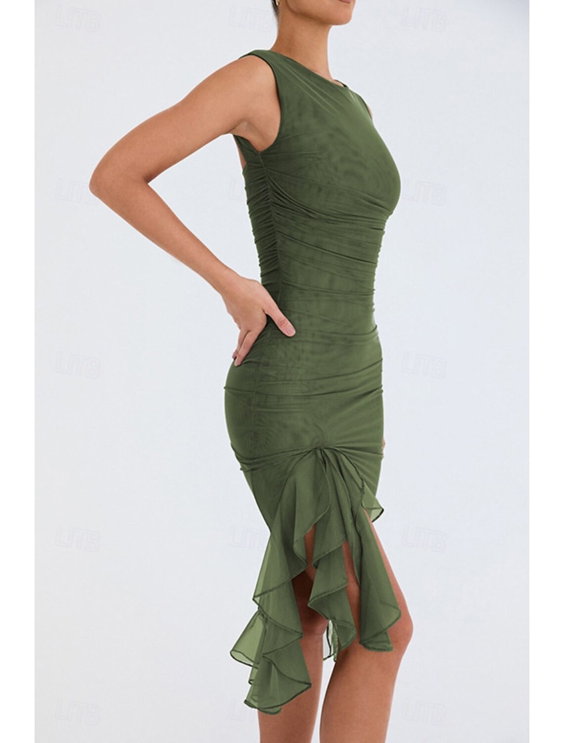 Back view of the elegant crew neck midi dress.