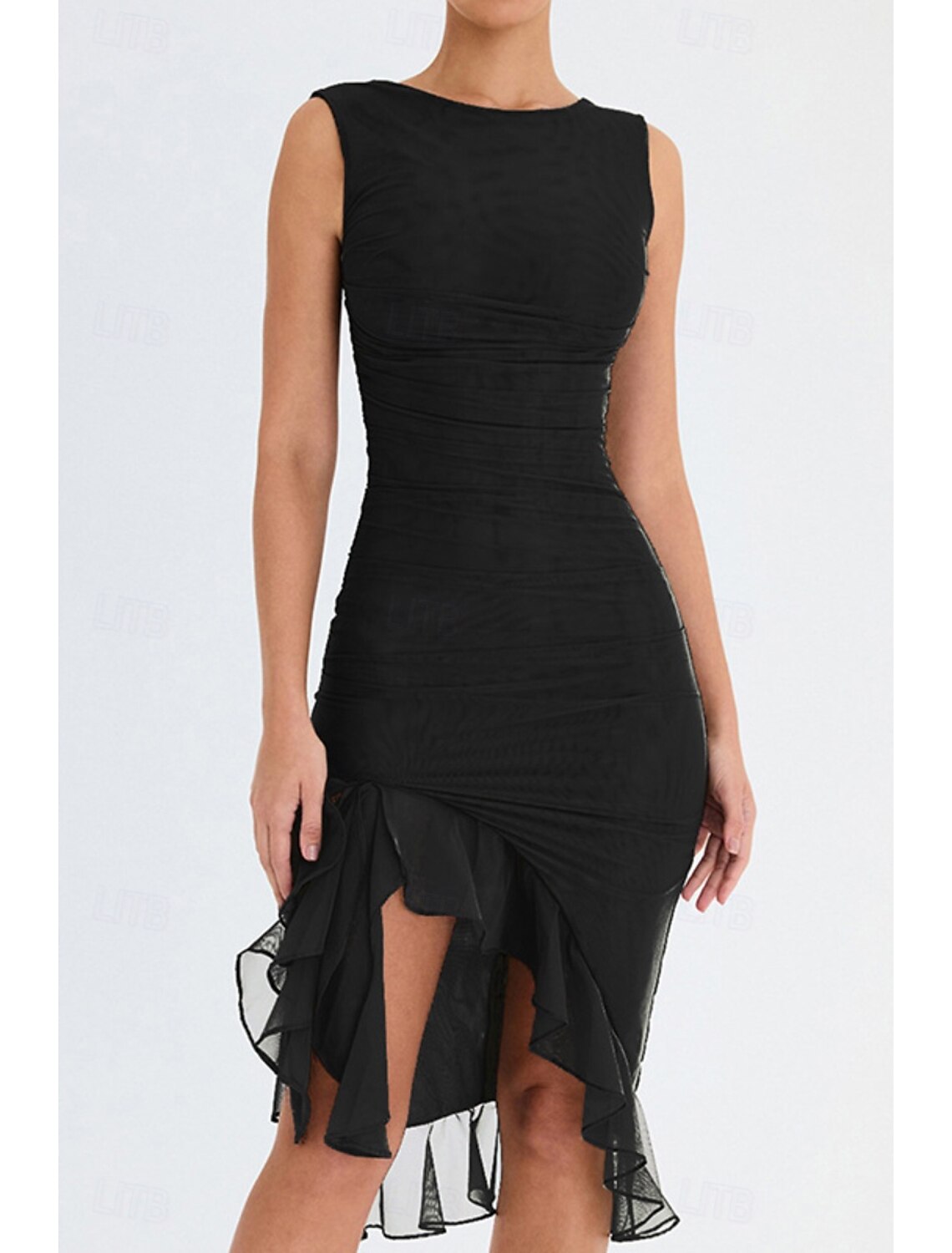 Model in a formal midi dress, suitable for special occasions.