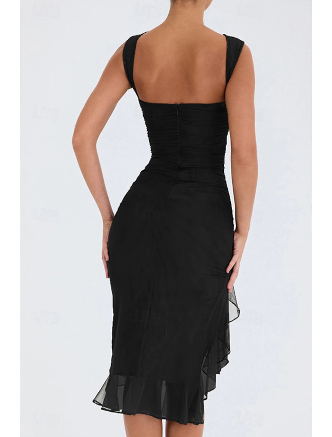 Full length view of the ruched sleeveless midi dress.