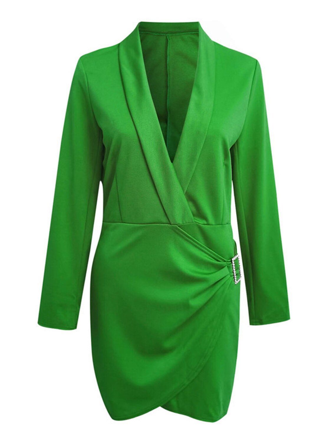 Close-up of the ruched detailing and shirt collar on the black mini dress.