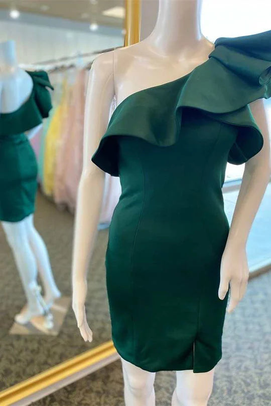 Woman wearing a hunter green one-shoulder bodycon short homecoming dress with ruffles.