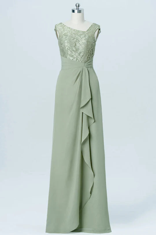 Model wearing an elegant sage green asymmetrical embroidered ruffled bridesmaid gown.