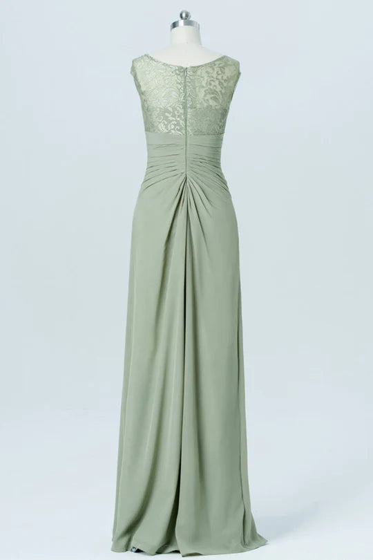 Back view of the sage green asymmetrical embroidered ruffled bridesmaid gown with zipper detail.