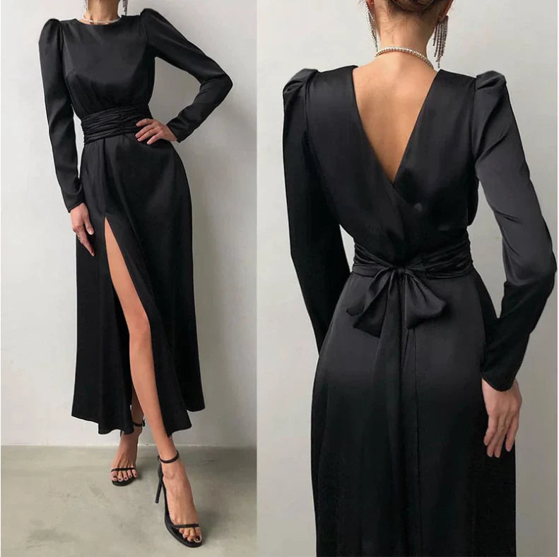 Elegant long sleeve satin prom dress.