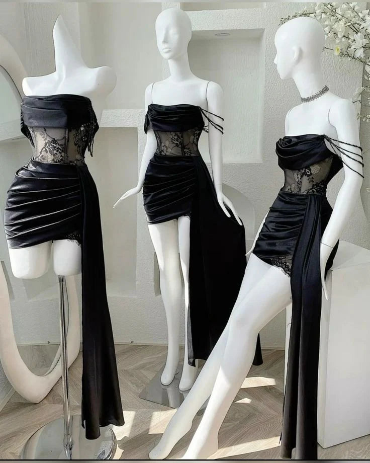 Woman wearing an elegant short satin off-shoulder homecoming dress.