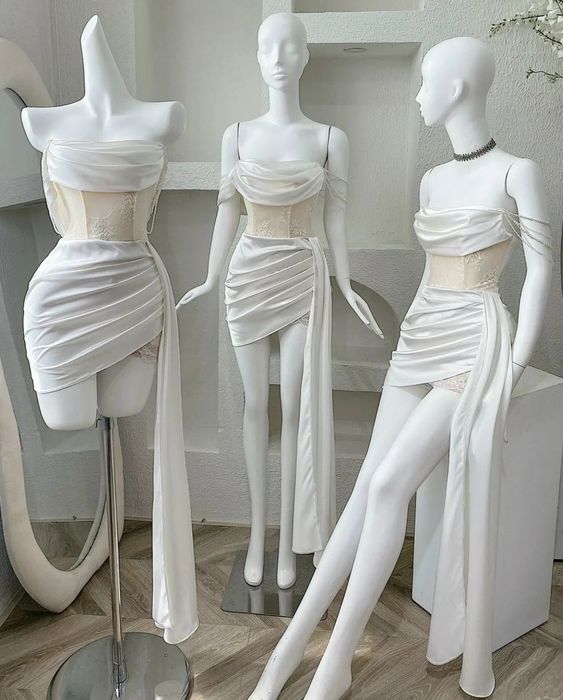 Stylish short satin off-shoulder sleeveless dress.