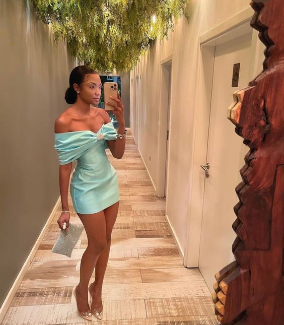 Tiffany Blue satin short homecoming dress with spaghetti straps, front view.