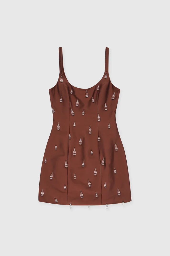 Full view of the brown satin short sheath dress with crystal straps.