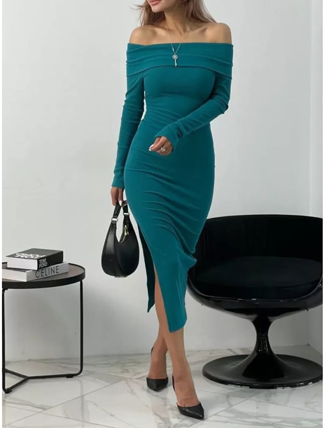 Front view of a woman in a flattering sheath midi dress with long sleeves.