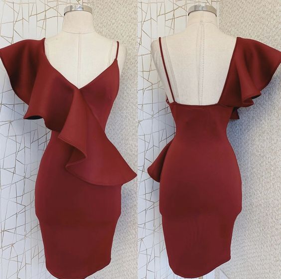 Model wearing a deep red asymmetrical V-neck slim fit evening gown.