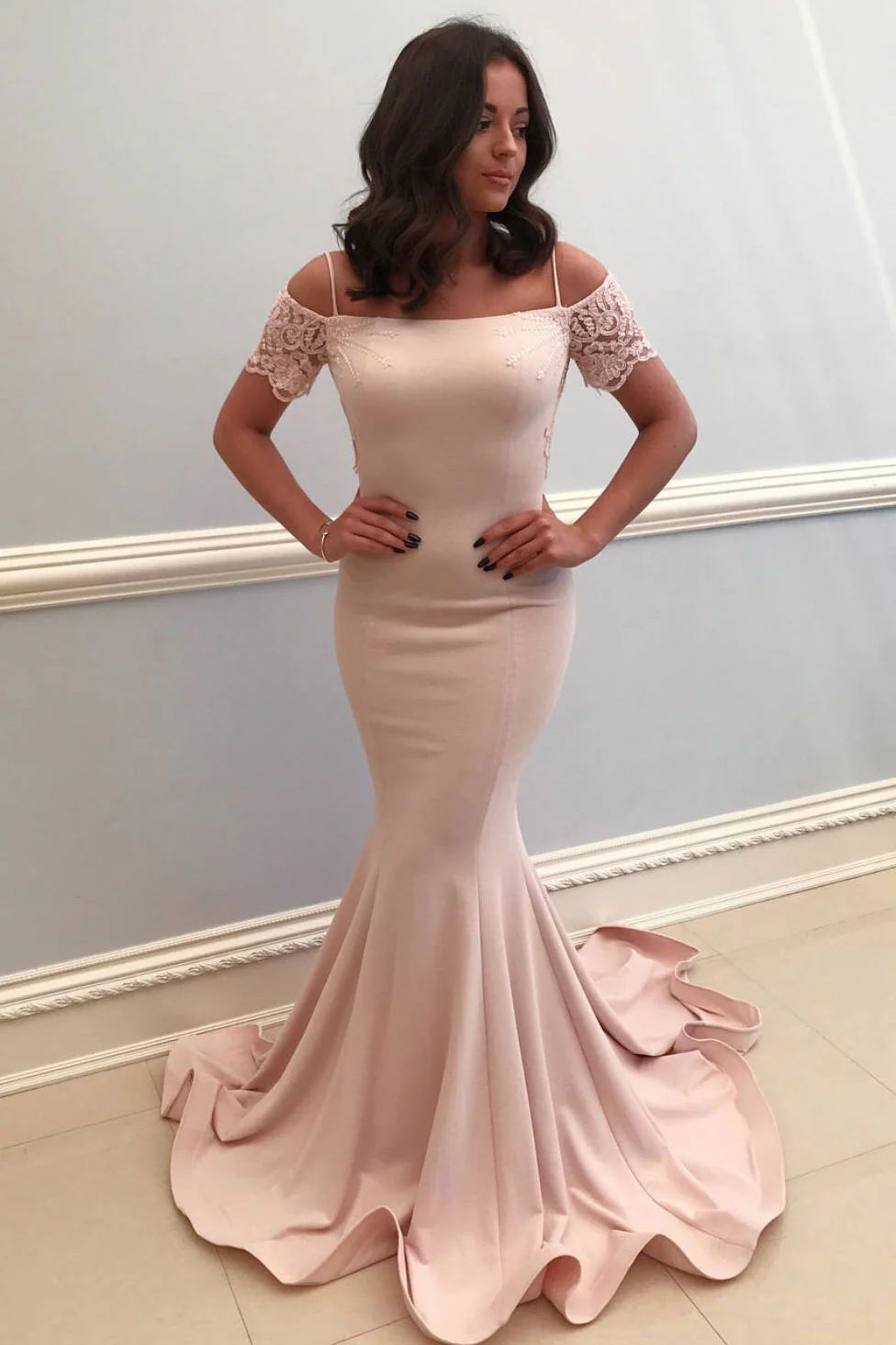 Elegant pink satin mermaid long prom dress, front view.