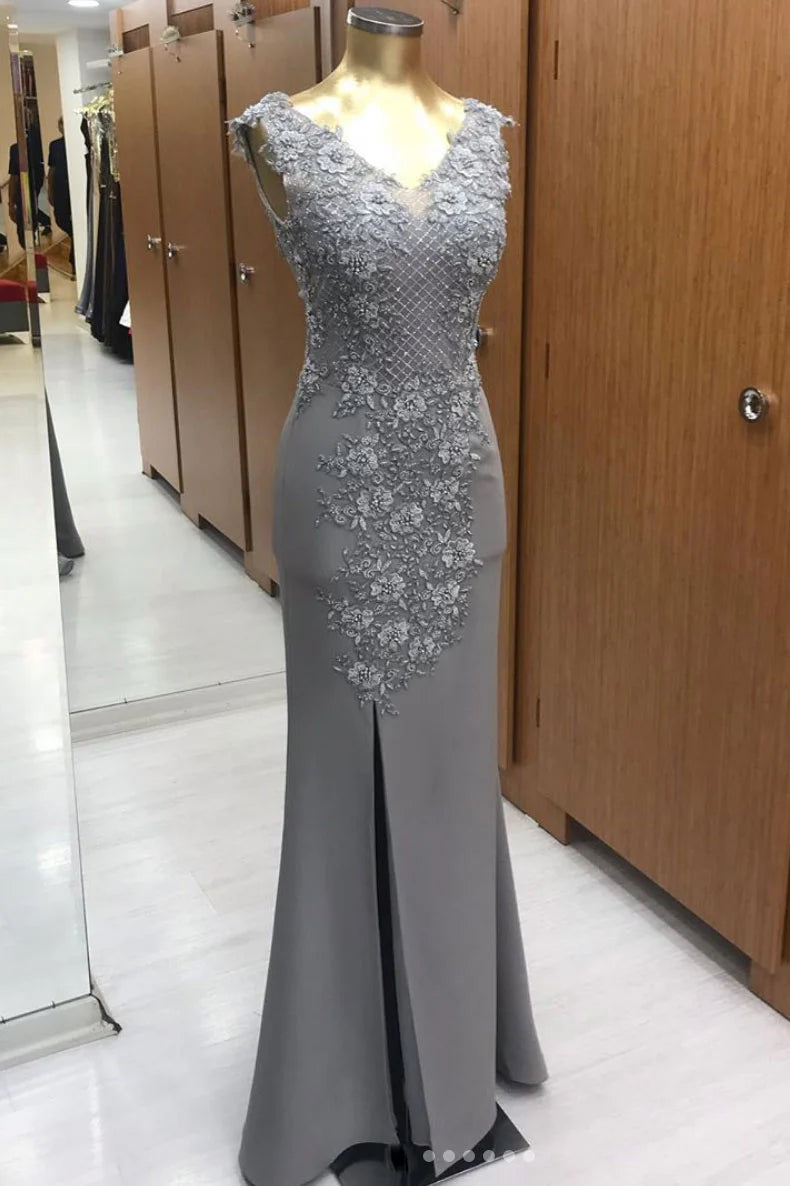 Gray V-neck chiffon lace long prom dress with a slim-fit silhouette.