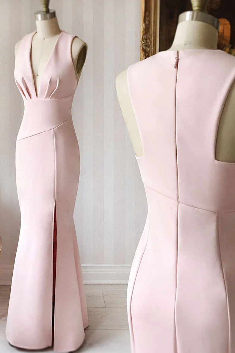 Elegant pink satin mermaid prom dress with a V-neckline.