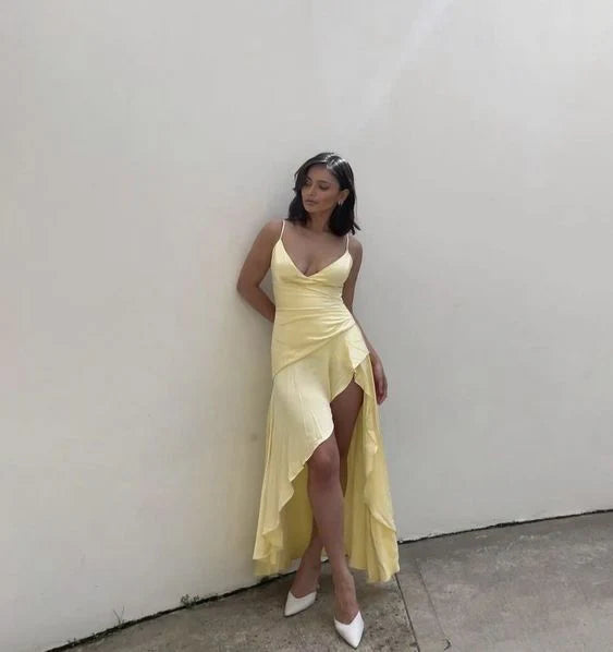 Front view of a yellow V-neck ruffle midi evening dress.