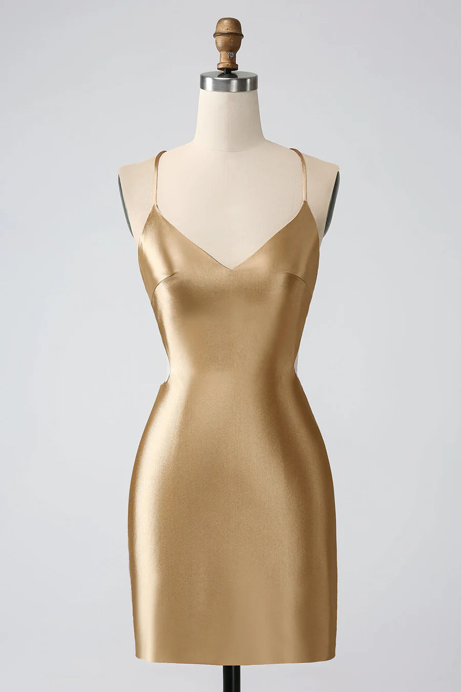 Model wearing a gold slim-fit V-neck twist-back satin short homecoming dress, front view.