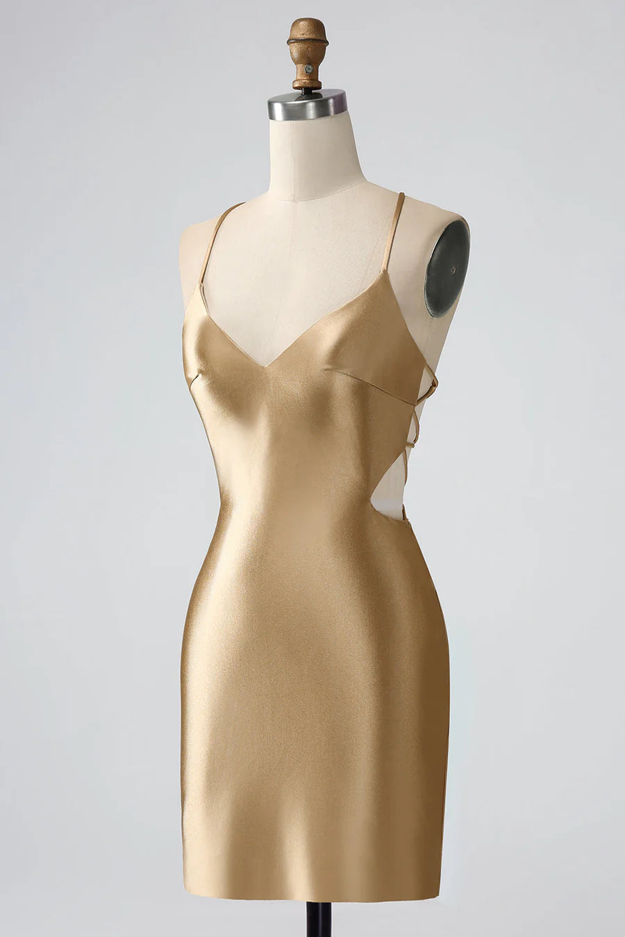 Model wearing a gold slim-fit V-neck twist-back satin short homecoming dress, back view showing twist detail.