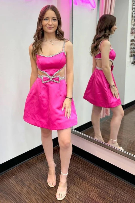 Side profile of the short blue homecoming dress, emphasizing its flattering A-line silhouette.