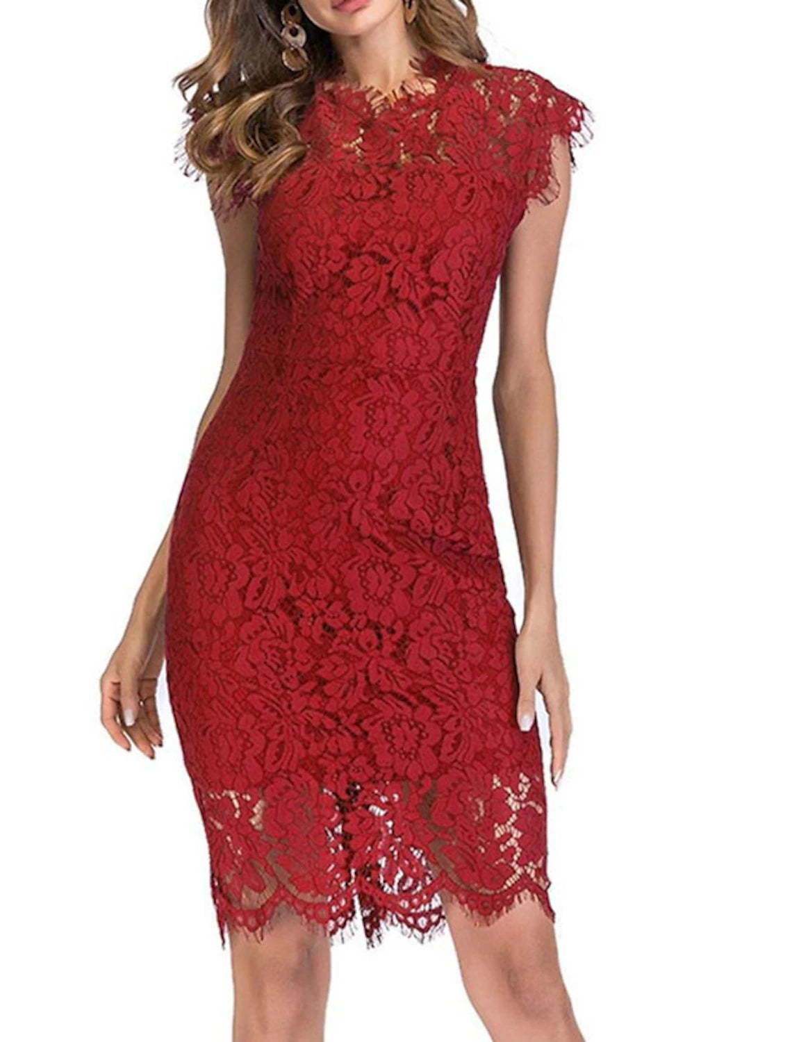 Woman wearing an elegant solid color bodycon sheath dress with a crew neck.