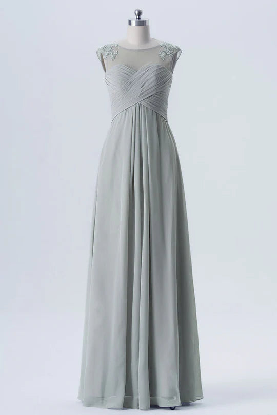 Elegant grey chiffon mother of the bride dress with sweetheart neckline and full length skirt.
